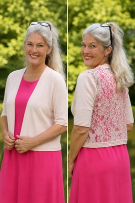 Bolero med blonderyg i pudder rosa