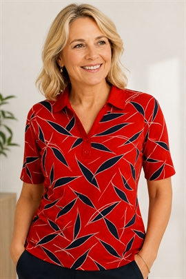 Rød dame t-shirt / polo shirt fra signature med marine mønster