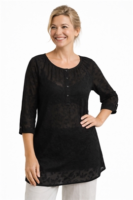 Sort tunika i fint mønster med bindesløjfe - kun str. 38