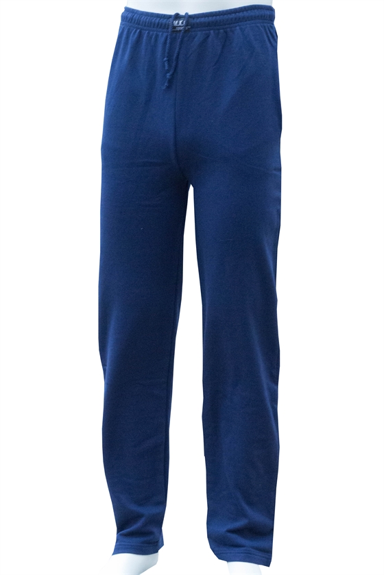 MXO Joggingbukser uden elastik i ben og med snøre i taljen i marine blå bomuld/polyester kvalitet. Unisex model i str. S