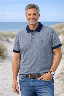 Polo shirt til mænd i blågrå med marine krave og korte ærmer