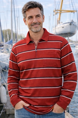 MXO herrepolo med lange ærmer i rødstribet - lynlås i halsen  