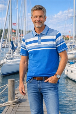 Mellemblå polo shirt til herrer fra Roberto med lyse kontrast striber